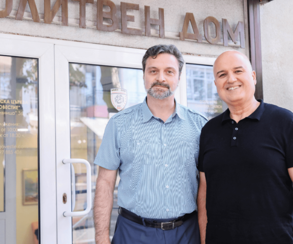 Pastor Tonchev and Pastor Kiryakov in front of building in Bulgaria